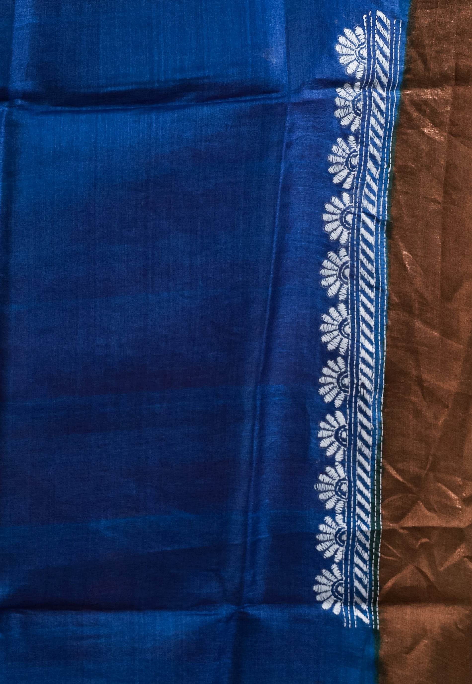 Black and Onion Pink half and half Design with Blue Patli Tussar Kantha Pure Silk Saree With Blouse Piece - Adi Akshoy & Co.
