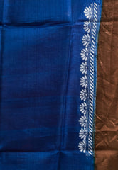 Black and Onion Pink half and half Design with Blue Patli Tussar Kantha Pure Silk Saree With Blouse Piece - Adi Akshoy & Co.