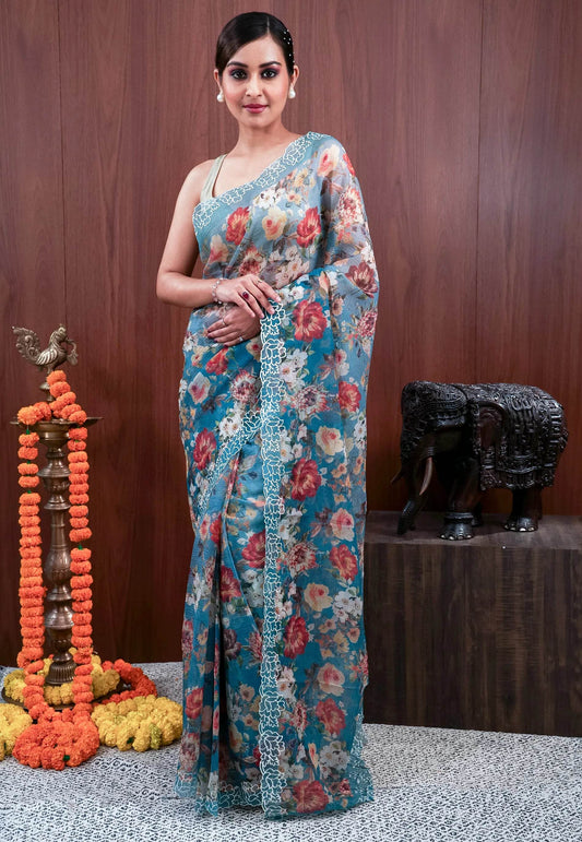 Blue Embroidery Saree with Blouse Piece - Adi Akshoy & Co.