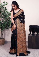 Black Pure Silk Kantha Saree With Blouse Piece - Adi Akshoy & Co.