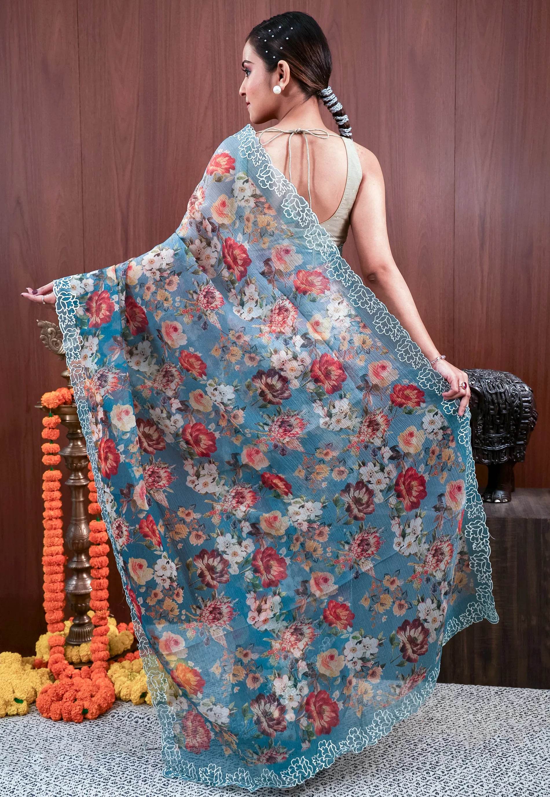 Blue Embroidery Saree with Blouse Piece - Adi Akshoy & Co.
