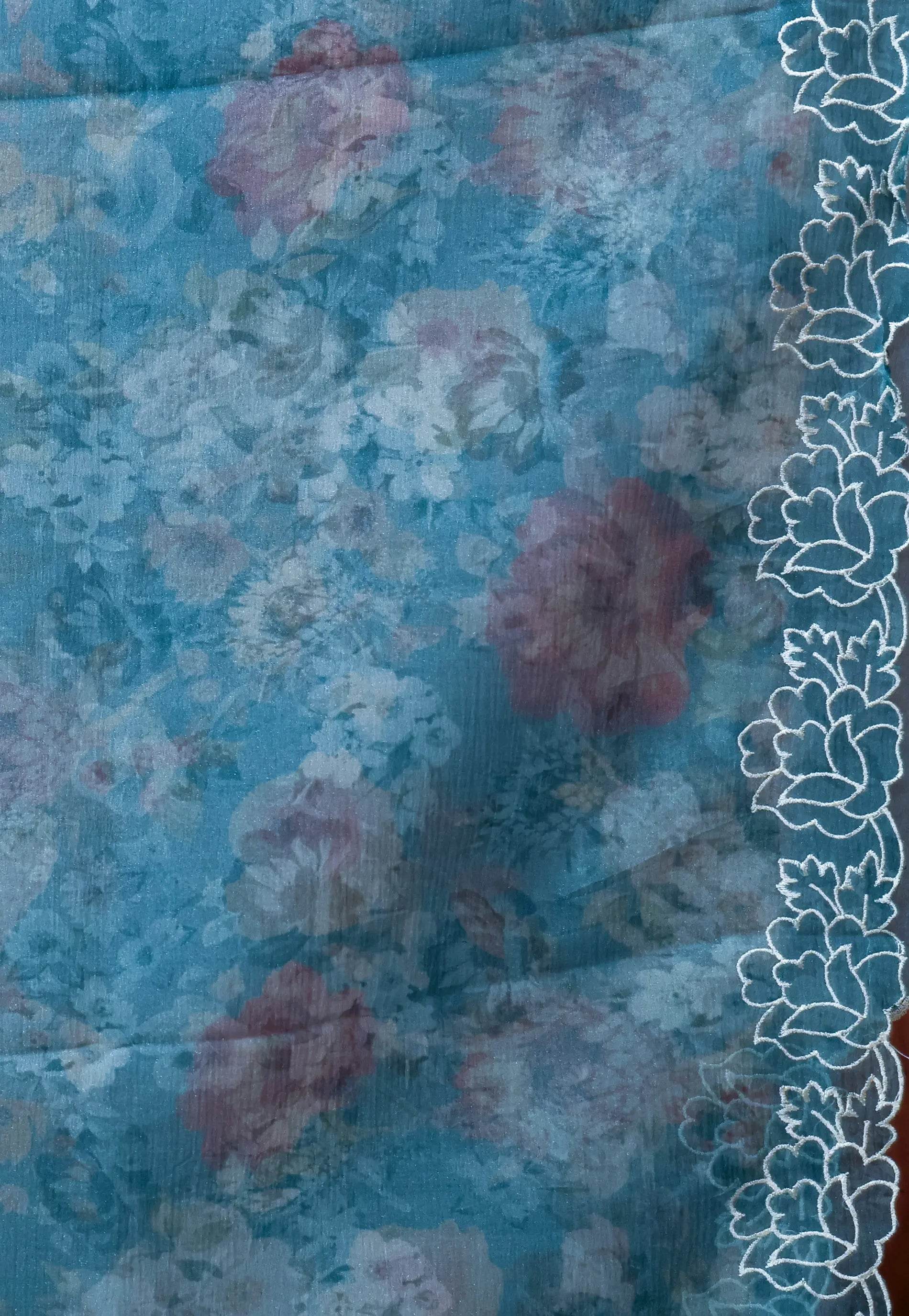 Blue Embroidery Saree with Blouse Piece - Adi Akshoy & Co.