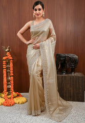 Golden Tissue with Embroidery Border Saree with Blouse Piece - Adi Akshoy & Co.