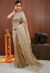 Golden Tissue with Embroidery Border Saree with Blouse Piece - Adi Akshoy & Co.