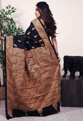 Black Pure Silk Kantha Saree With Blouse Piece - Adi Akshoy & Co.