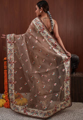 Brown Organza with Resham Embroidery work Saree with Blouse Piece - Adi Akshoy & Co.