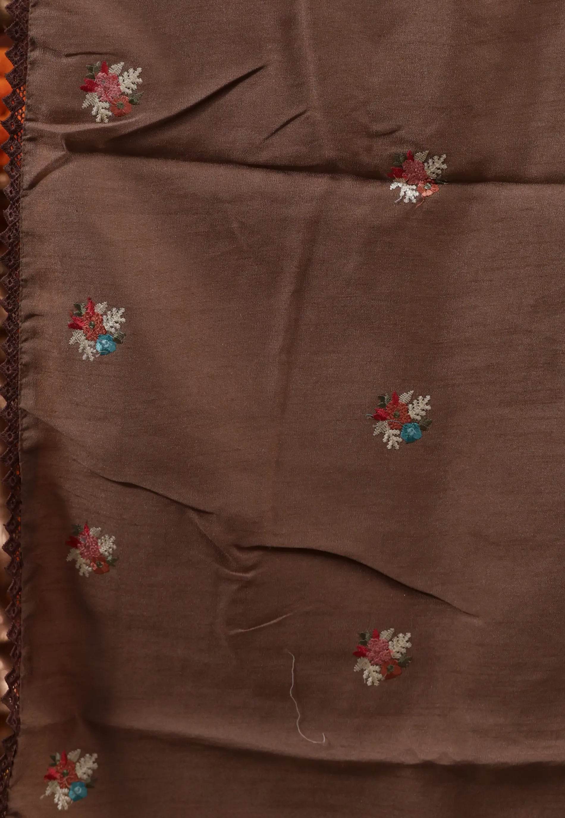 Brown Organza with Resham Embroidery work Saree with Blouse Piece - Adi Akshoy & Co.