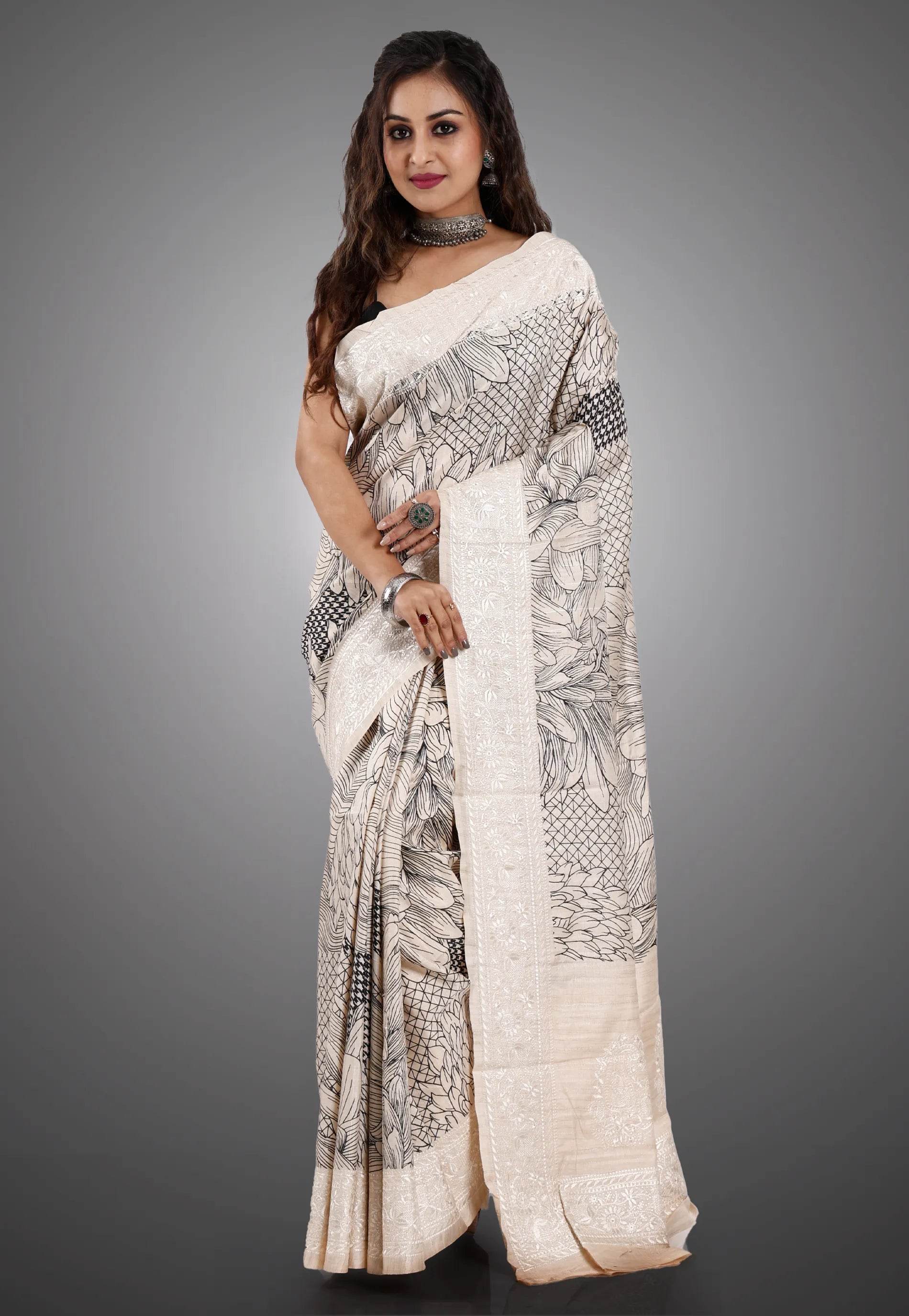 Offwhite Tussar Silk with Embroidery with Blouse Piece - Adi Akshoy & Co.