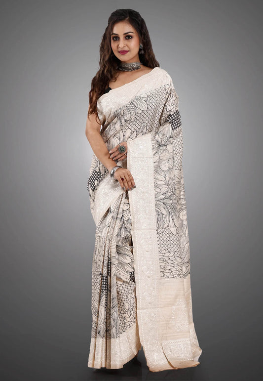 Offwhite Tussar Silk with Embroidery with Blouse Piece - Adi Akshoy & Co.