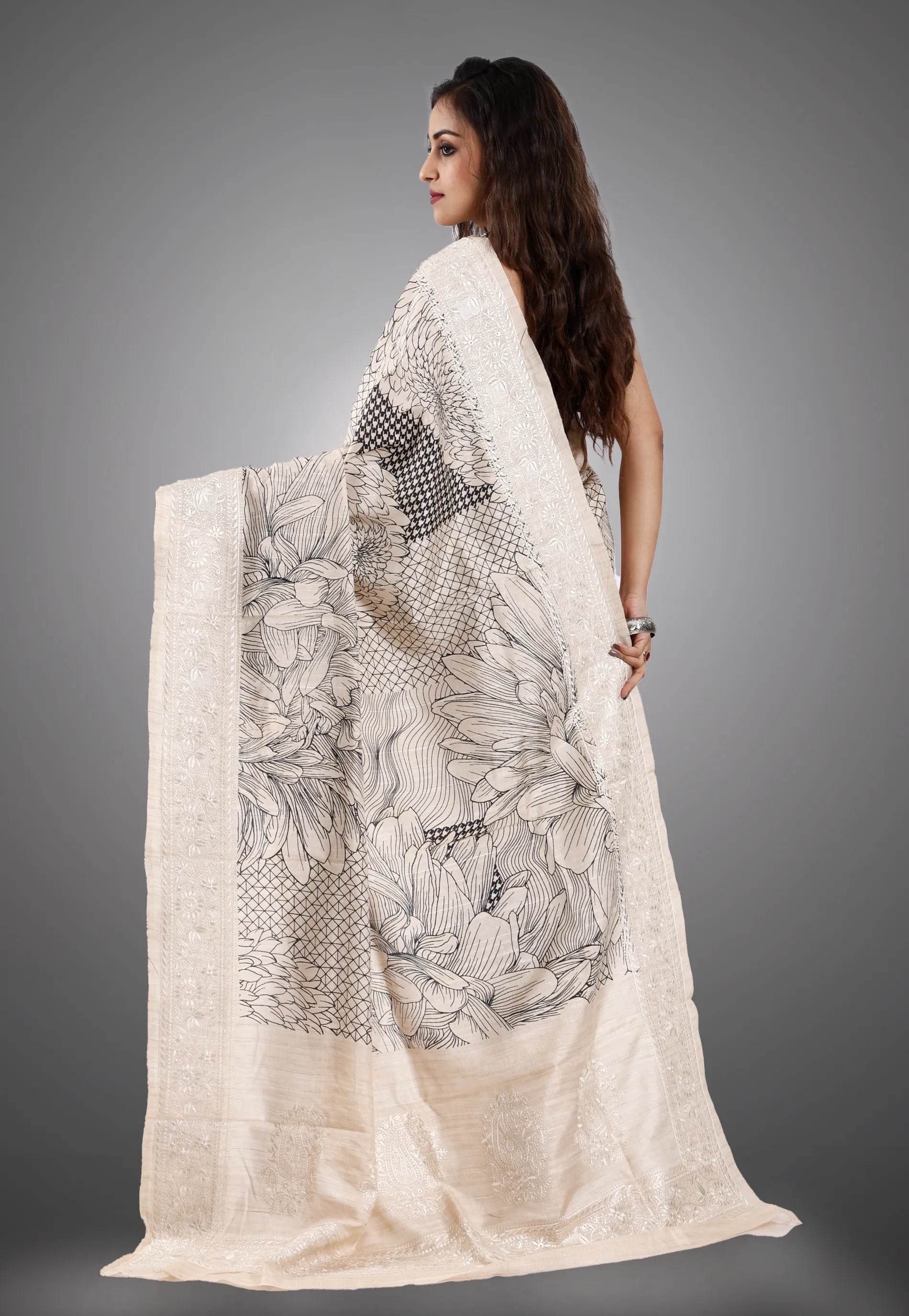 Offwhite Tussar Silk with Embroidery with Blouse Piece - Adi Akshoy & Co.