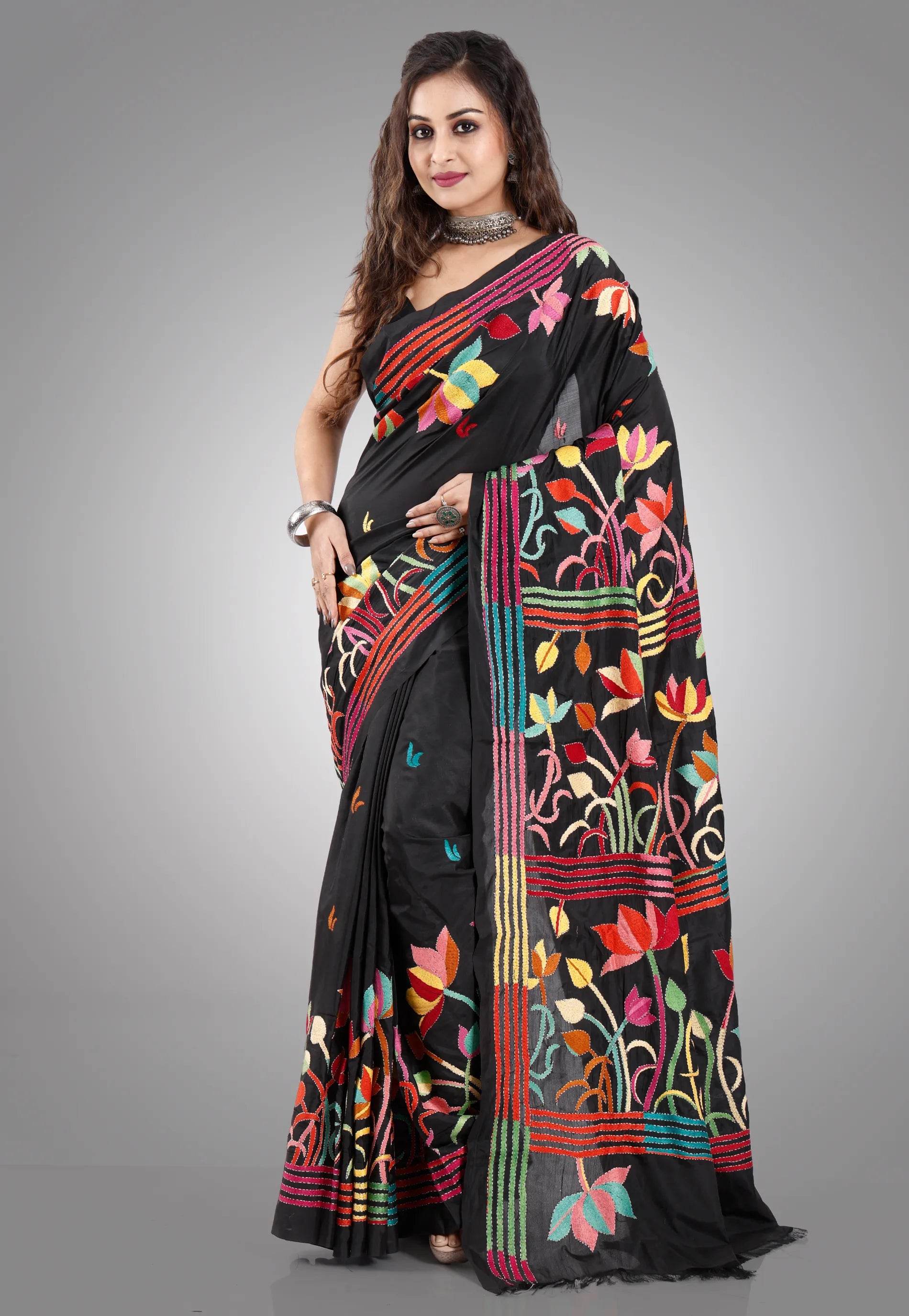 Black Colour Blended Silk Kantha Saree With Blouse Piece - Adi Akshoy & Co.