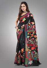 Black Colour Blended Silk Kantha Saree With Blouse Piece - Adi Akshoy & Co.