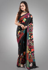 Black Colour Blended Silk Kantha Saree With Blouse Piece - Adi Akshoy & Co.