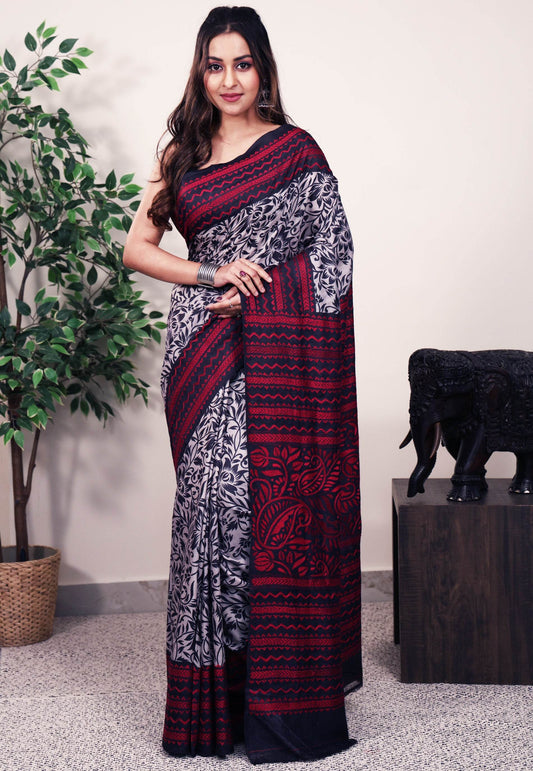 Grey with Black Border Tussar Pure Silk Kantha Saree With Blouse Piece - Adi Akshoy & Co.