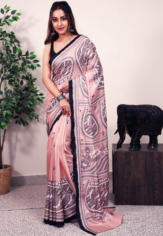 Peach color Pure Silk Kantha Saree With Blouse Piece - Adi Akshoy & Co.