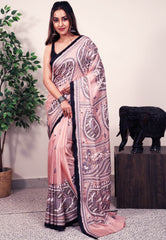 Peach color Pure Silk Kantha Saree With Blouse Piece - Adi Akshoy & Co.