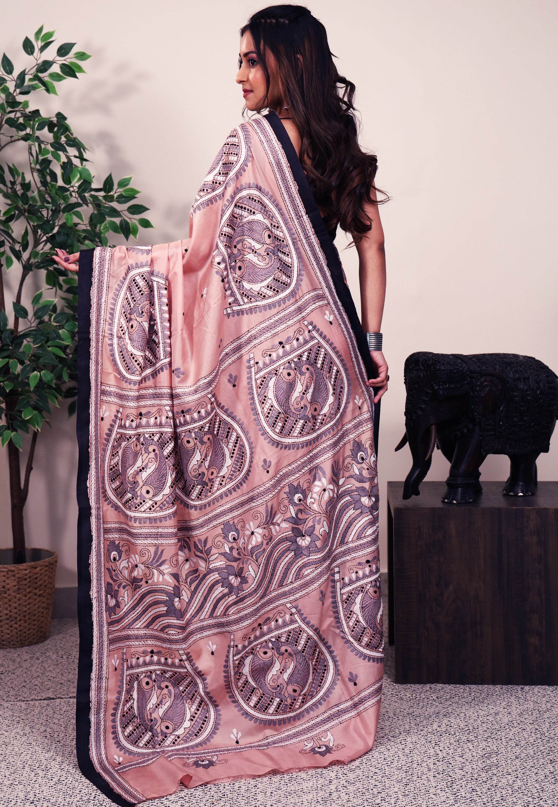Peach color Pure Silk Kantha Saree With Blouse Piece - Adi Akshoy & Co.