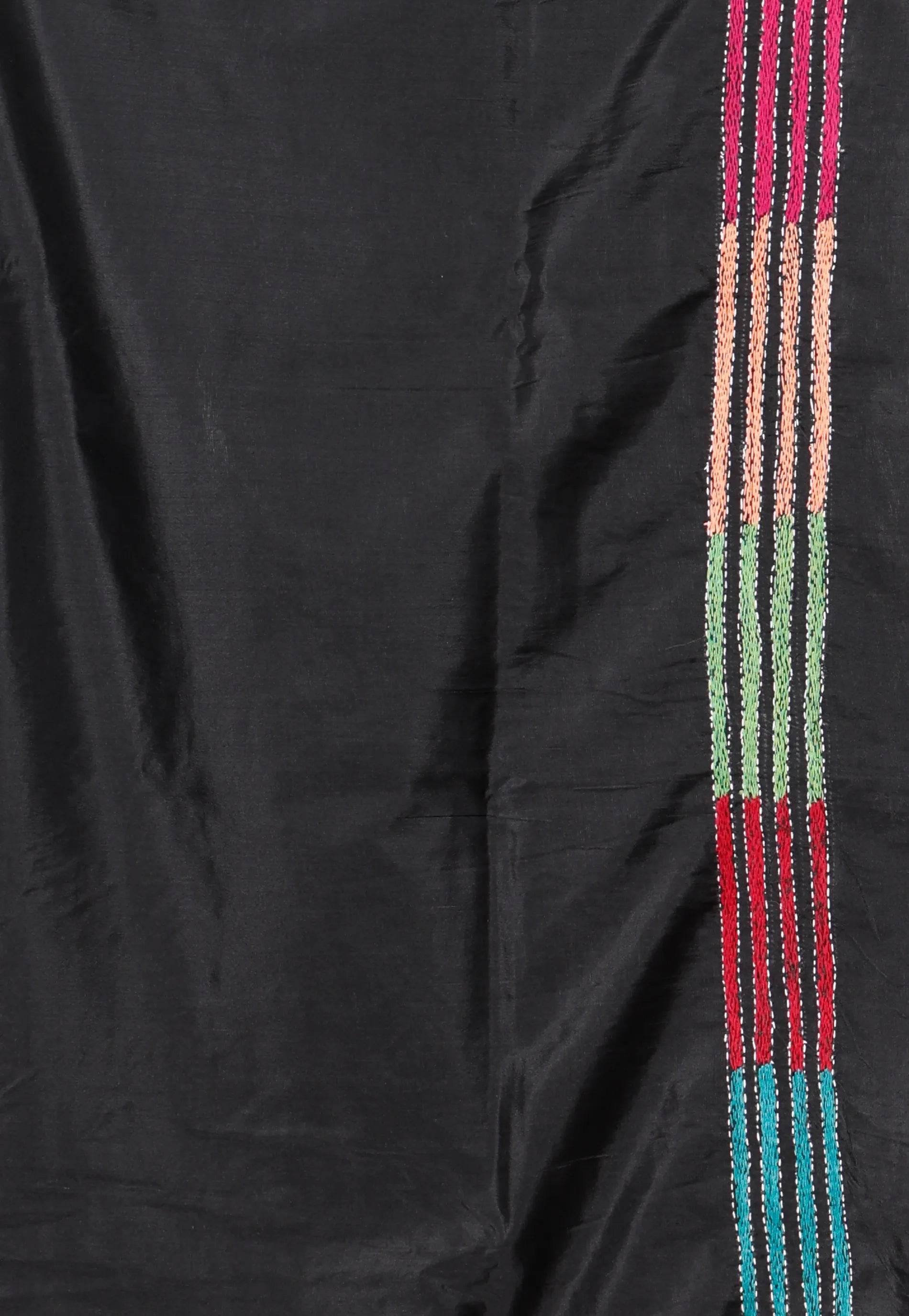 Black Colour Blended Silk Kantha Saree With Blouse Piece - Adi Akshoy & Co.