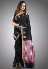 Black Tussar Silk Saree with Blouse Piece - Adi Akshoy & Co.