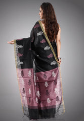 Black Tussar Silk Saree with Blouse Piece - Adi Akshoy & Co.