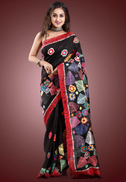 Black Colour Pure Tussar Silk Kantha Saree With Blouse Piece - Adi Akshoy & Co.