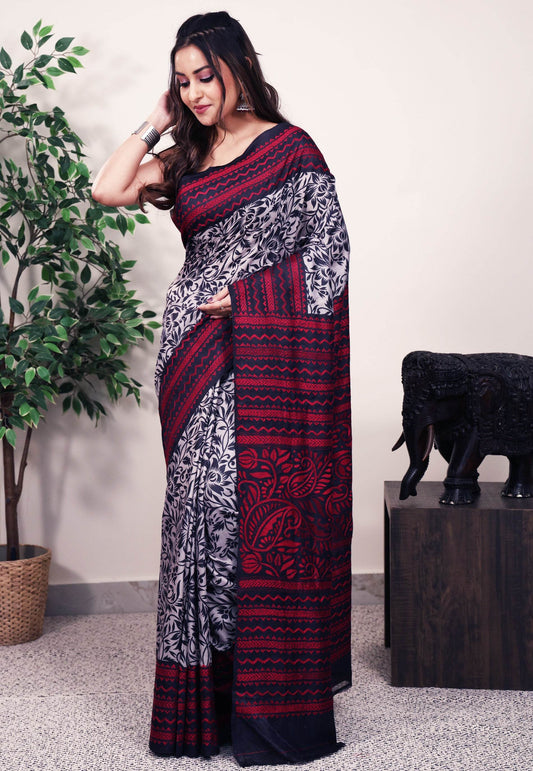 Grey with Black Border Tussar Pure Silk Kantha Saree With Blouse Piece - Adi Akshoy & Co.