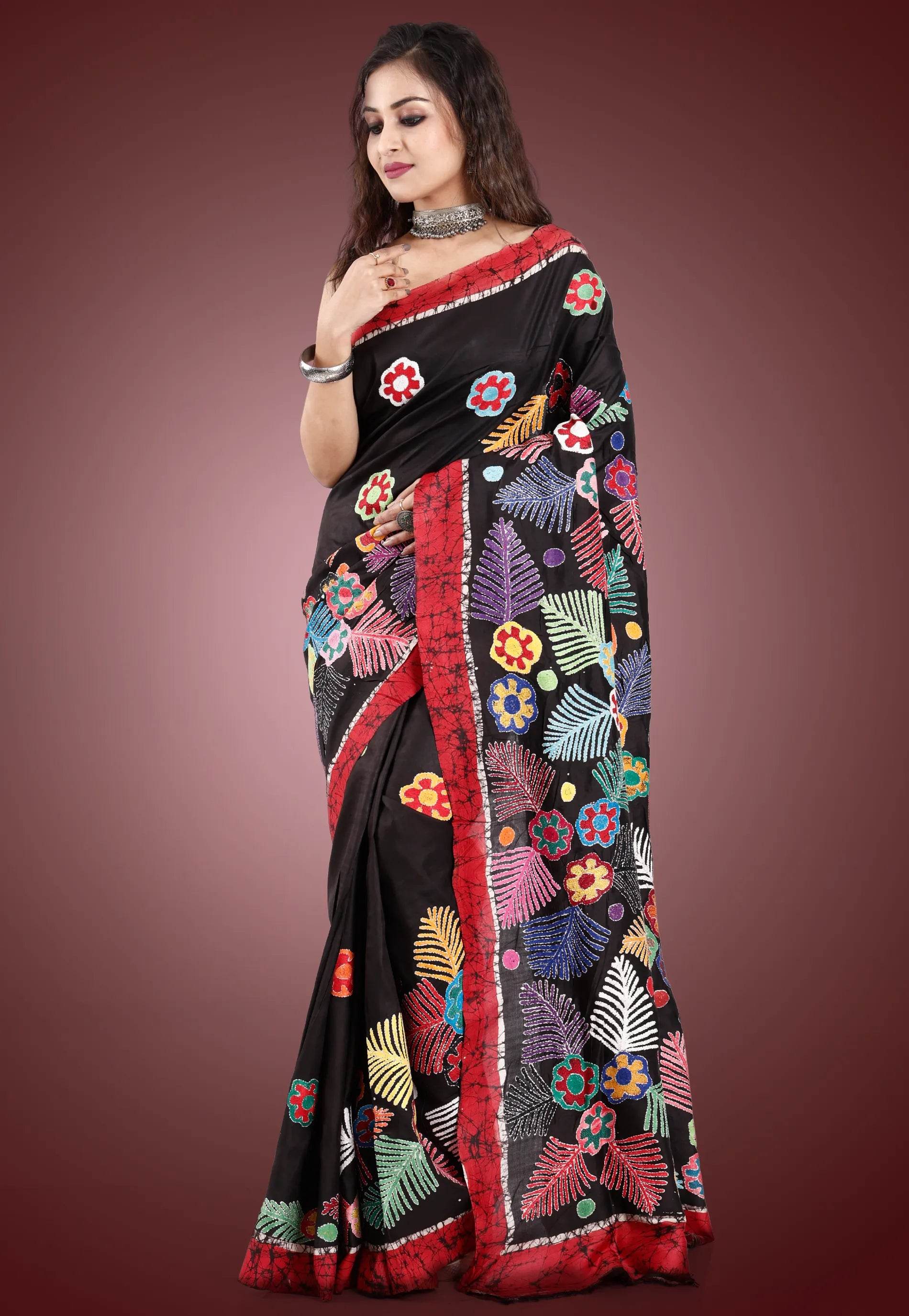 Black Colour Pure Tussar Silk Kantha Saree With Blouse Piece - Adi Akshoy & Co.