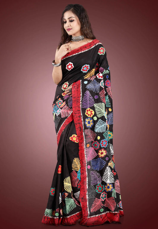 Black Colour Pure Tussar Silk Kantha Saree With Blouse Piece - Adi Akshoy & Co.