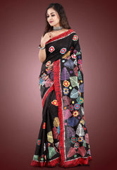 Black Colour Pure Tussar Silk Kantha Saree With Blouse Piece - Adi Akshoy & Co.