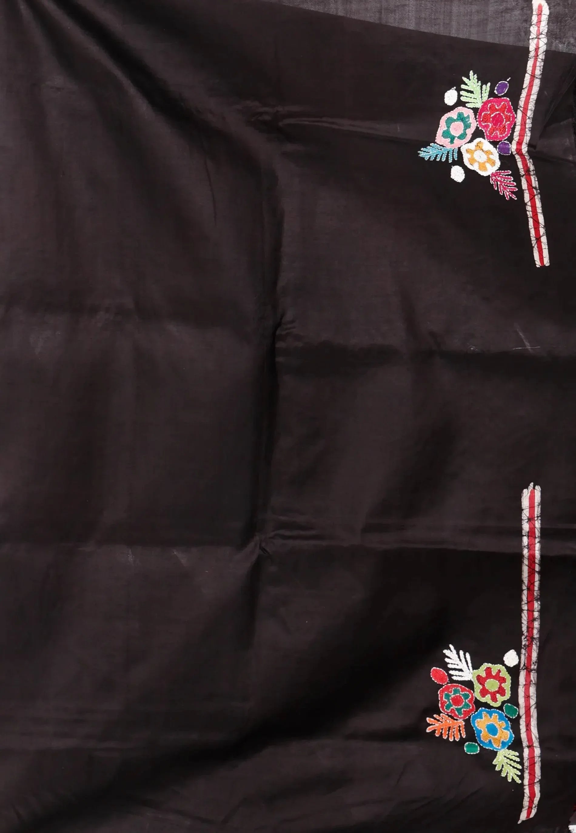 Black Colour Pure Tussar Silk Kantha Saree With Blouse Piece - Adi Akshoy & Co.