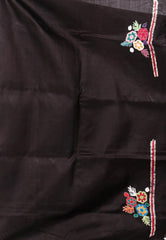 Black Colour Pure Tussar Silk Kantha Saree With Blouse Piece - Adi Akshoy & Co.