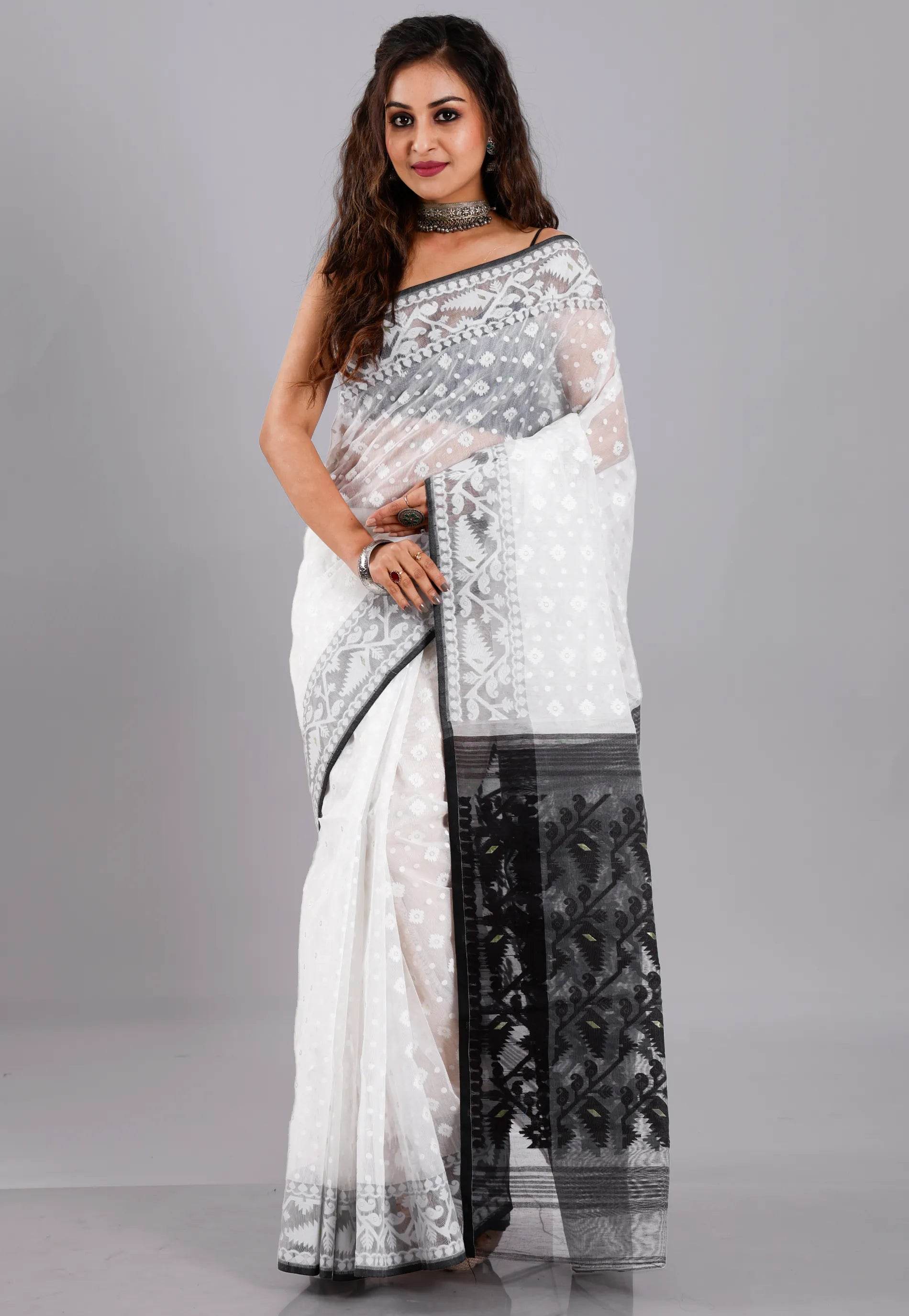 White Dhakai Jamdani Cotton Saree without Blouse Piece - Adi Akshoy & Co.