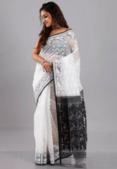 White Dhakai Jamdani Cotton Saree without Blouse Piece - Adi Akshoy & Co.