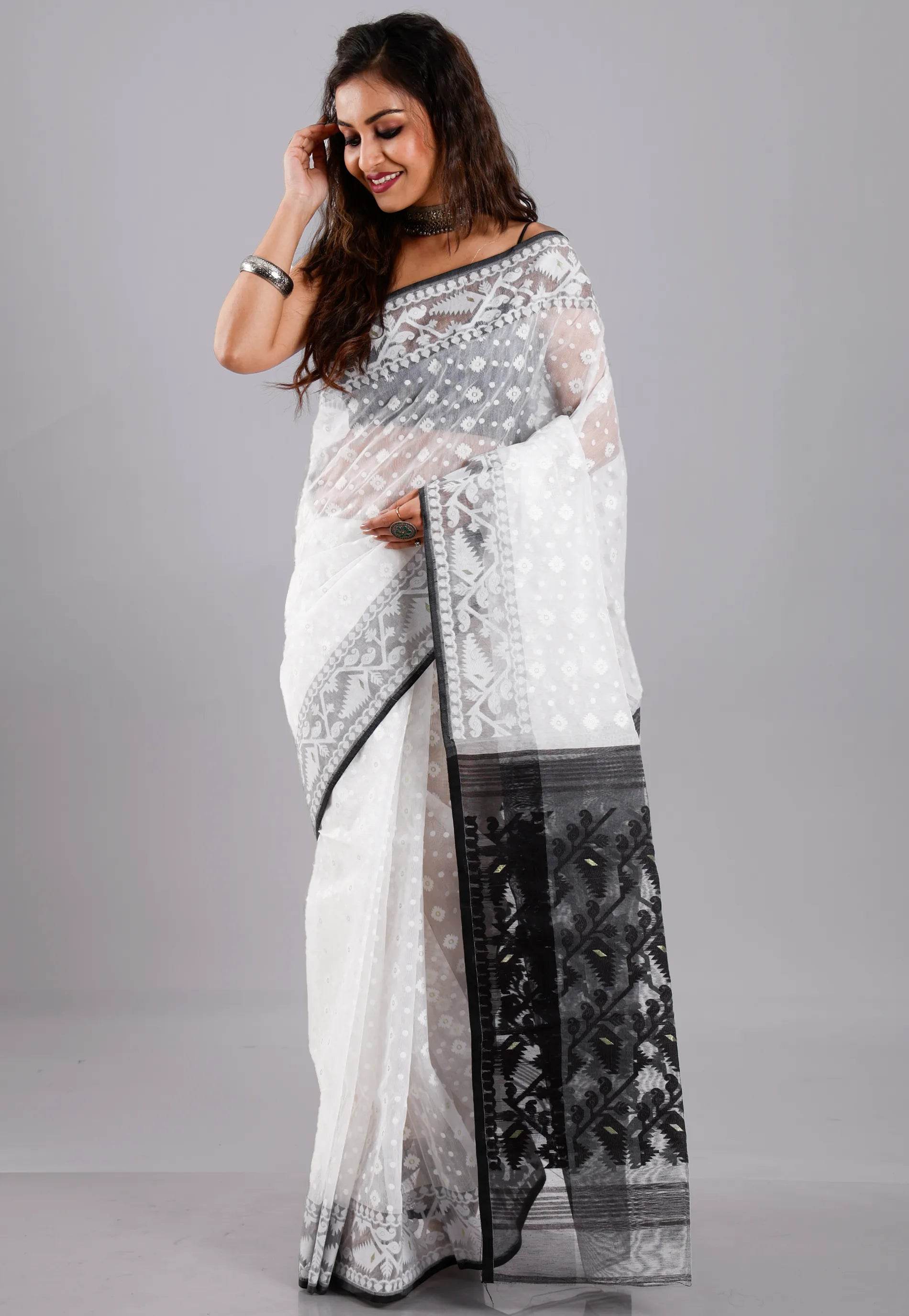 White Dhakai Jamdani Cotton Saree without Blouse Piece - Adi Akshoy & Co.
