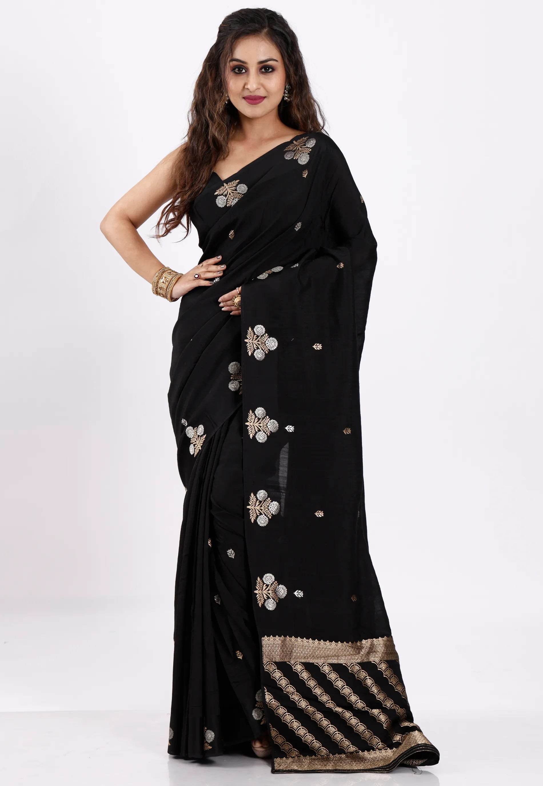 Black Katan Silk Saree With Blouse Piece - Adi Akshoy & Co.
