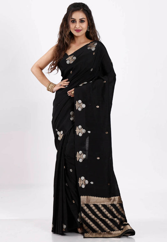 Black Katan Silk Saree With Blouse Piece - Adi Akshoy & Co.