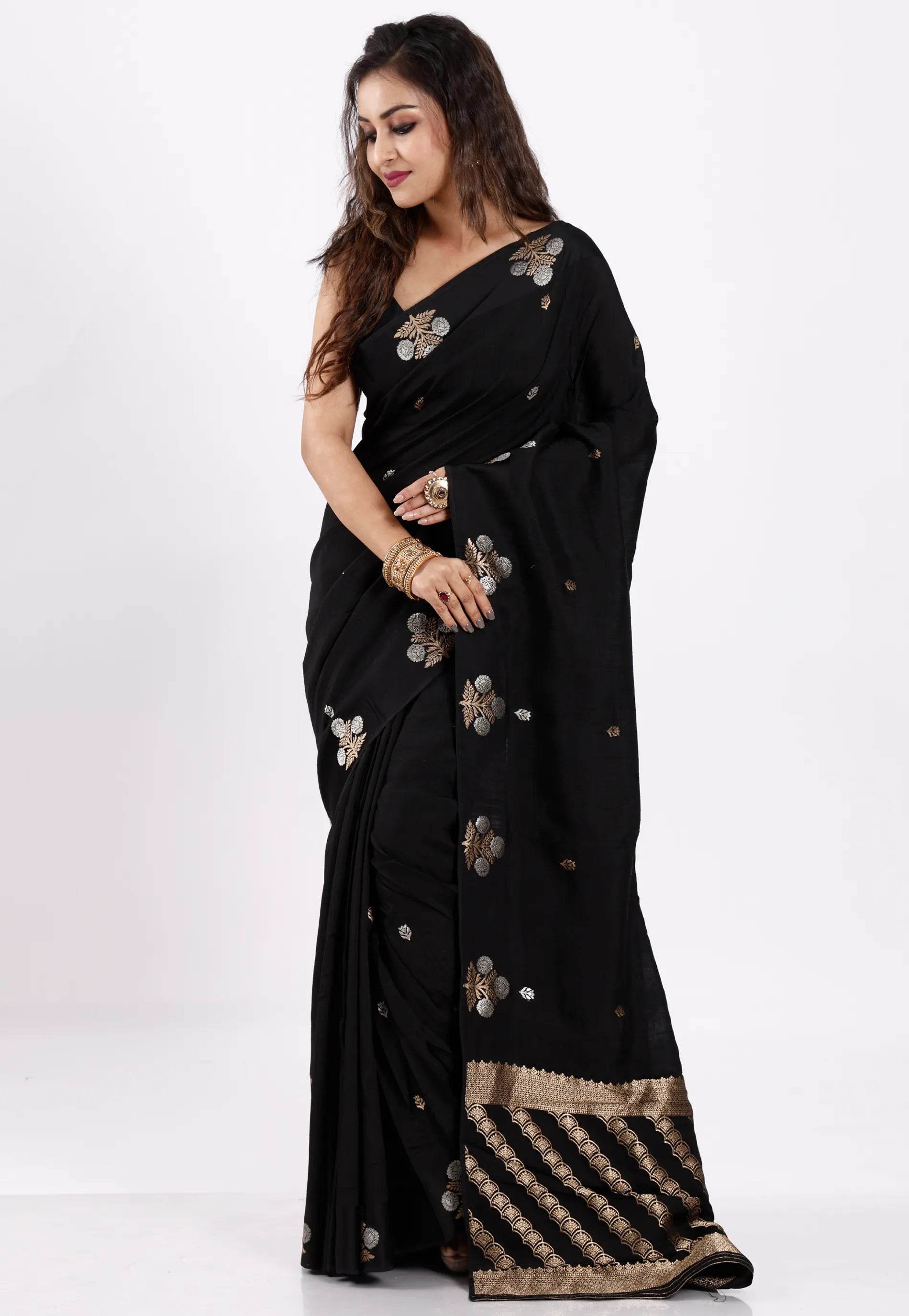 Black Katan Silk Saree With Blouse Piece - Adi Akshoy & Co.