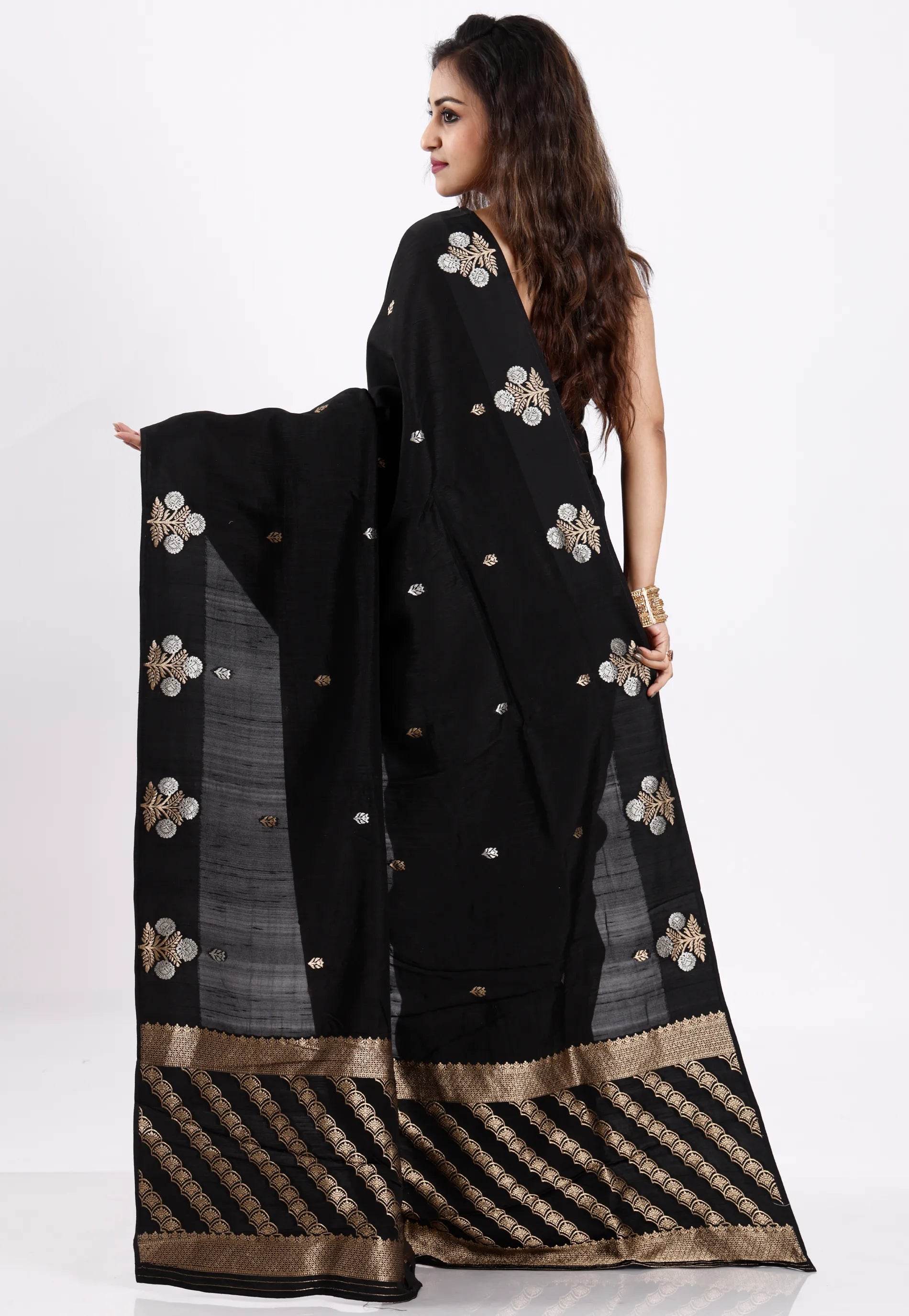 Black Katan Silk Saree With Blouse Piece - Adi Akshoy & Co.