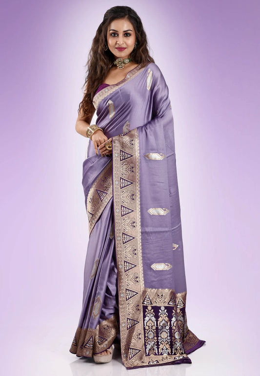 Mauve with Purple Border Mashru Silk Saree with Blouse Piece - Adi Akshoy & Co.