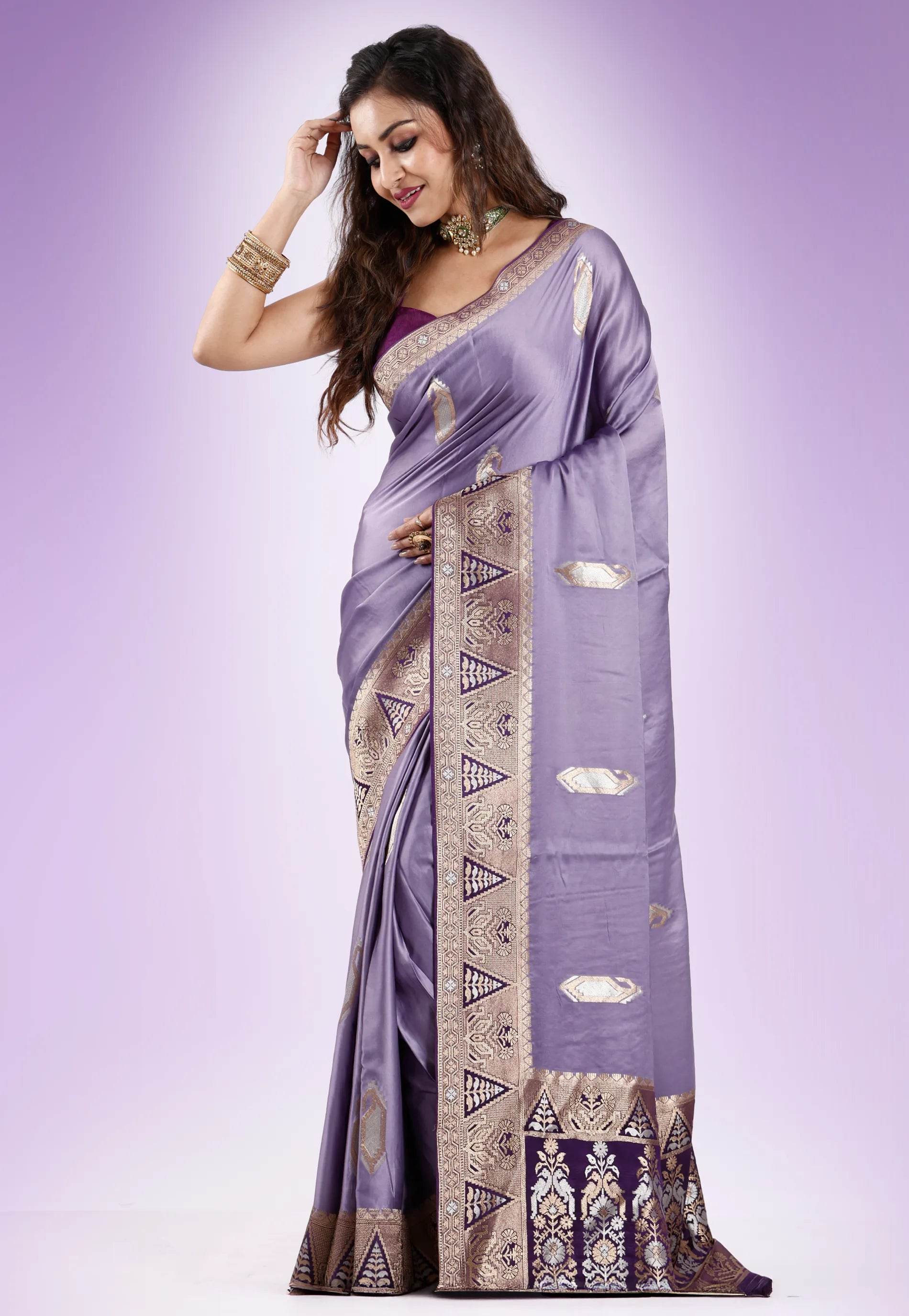 Mauve with Purple Border Mashru Silk Saree with Blouse Piece - Adi Akshoy & Co.
