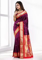 Magenta Paithani Pure Silk Saree With Blouse Piece - Adi Akshoy & Co.