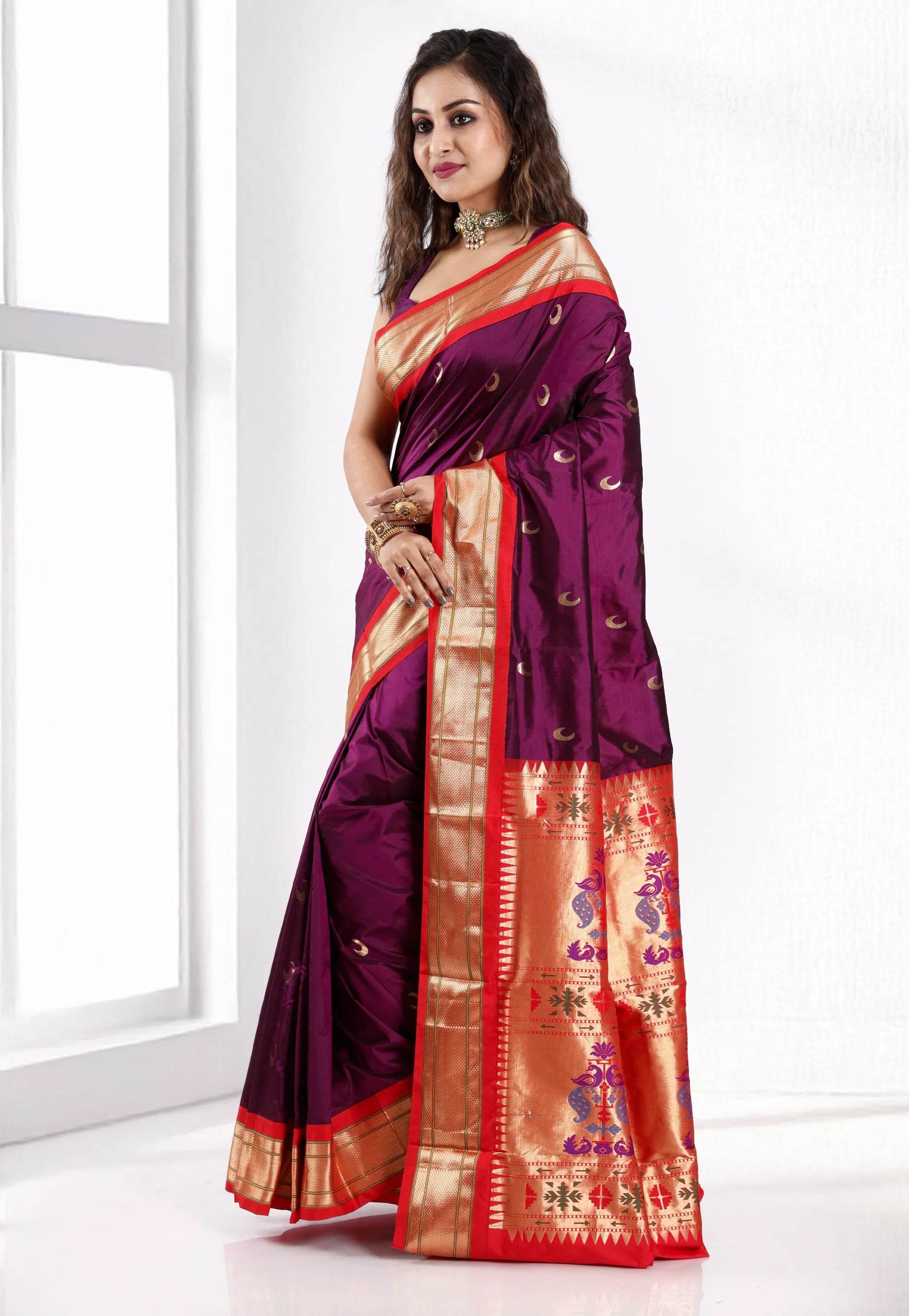 Magenta Paithani Pure Silk Saree With Blouse Piece - Adi Akshoy & Co.