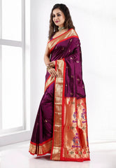 Magenta Paithani Pure Silk Saree With Blouse Piece - Adi Akshoy & Co.