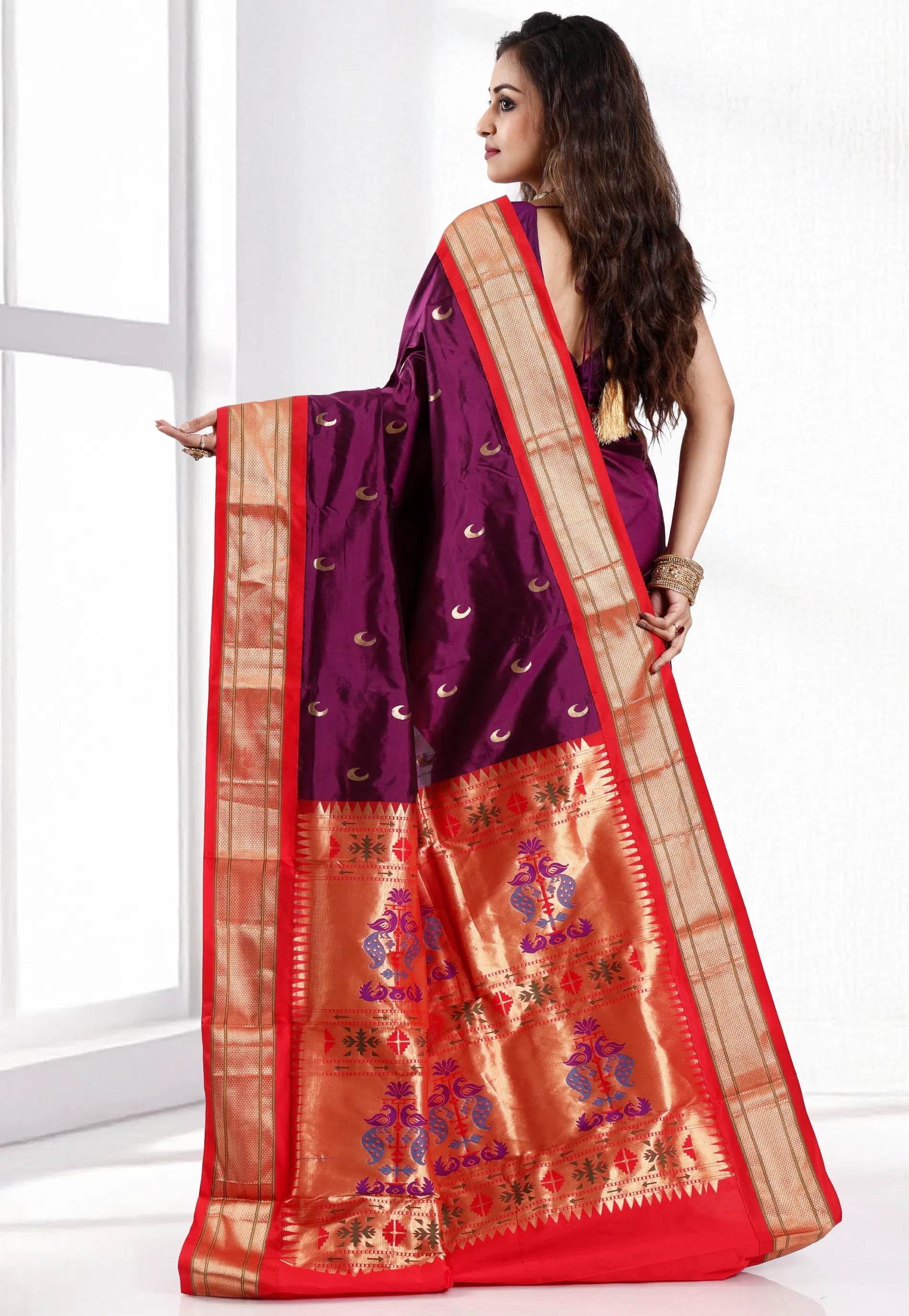 Magenta Paithani Pure Silk Saree With Blouse Piece - Adi Akshoy & Co.