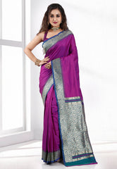 Magenta with Peacock Blue Border Kanjivaram Silk Saree With Blouse Piece - Adi Akshoy & Co.