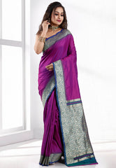 Magenta with Peacock Blue Border Kanjivaram Silk Saree With Blouse Piece - Adi Akshoy & Co.