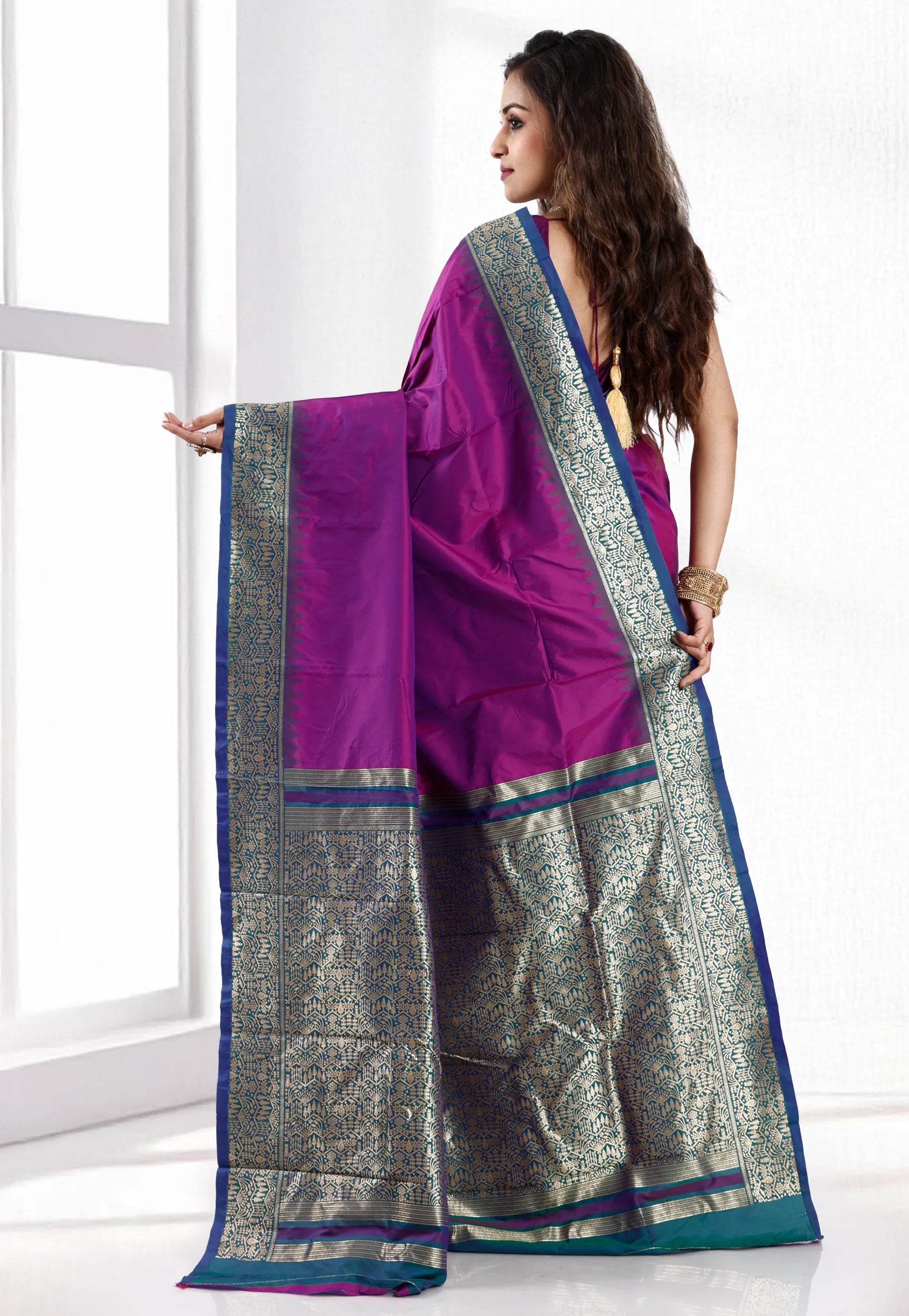Magenta with Peacock Blue Border Kanjivaram Silk Saree With Blouse Piece - Adi Akshoy & Co.