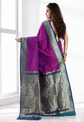 Magenta with Peacock Blue Border Kanjivaram Silk Saree With Blouse Piece - Adi Akshoy & Co.