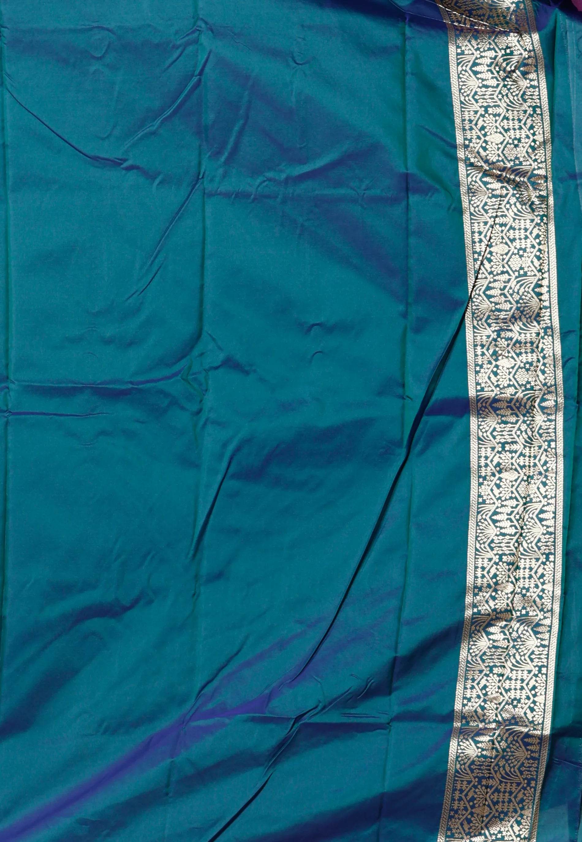 Magenta with Peacock Blue Border Kanjivaram Silk Saree With Blouse Piece - Adi Akshoy & Co.
