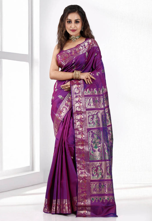 Cross Purple Baluchari Pure Silk Saree with Blouse Piece - Adi Akshoy & Co.